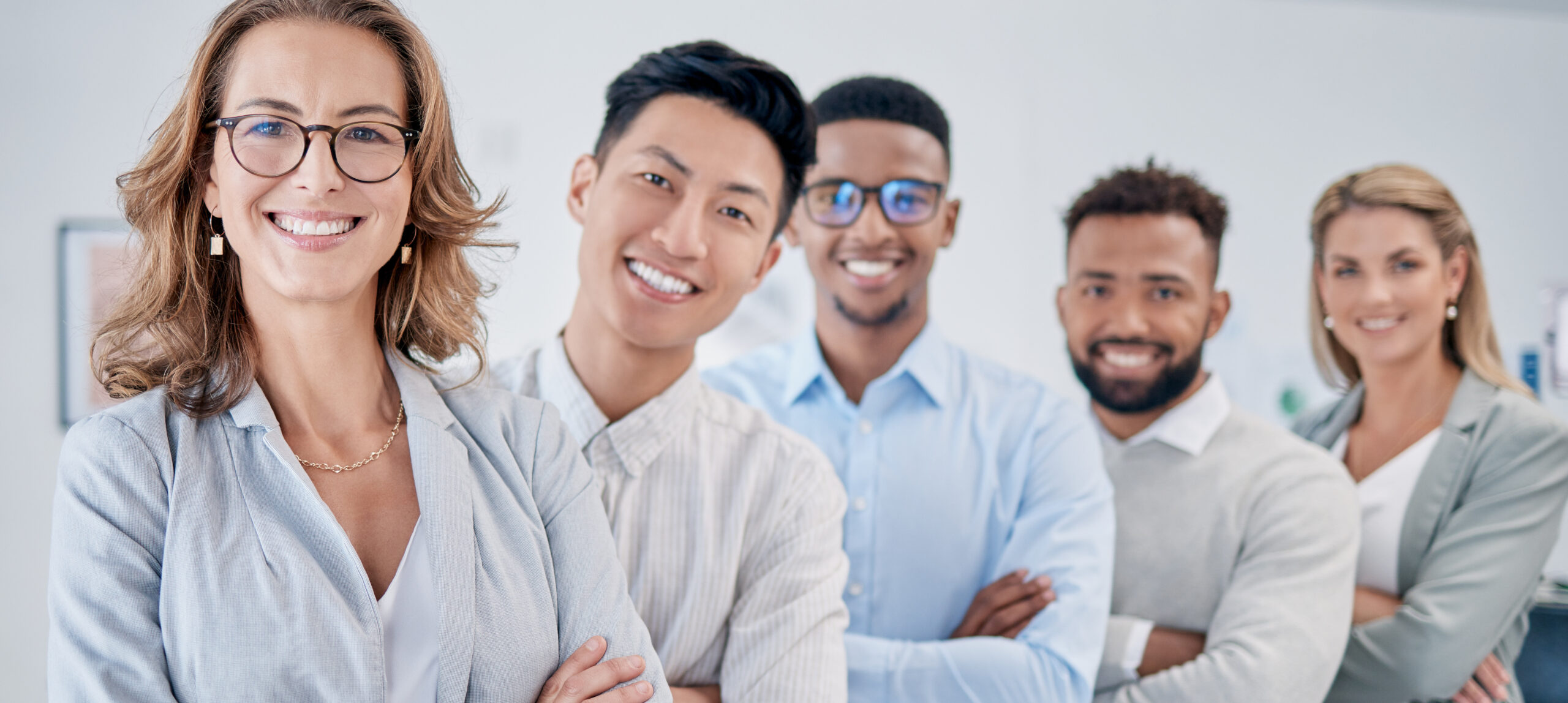 Confidence, portrait and happy people in leadership, teamwork and our vision for success manager.